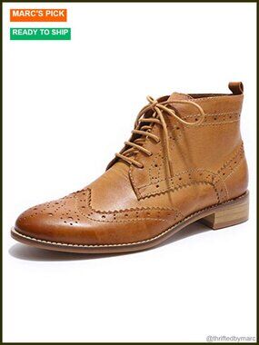 Women's Leather Brogue Ankle Boots Lace-up Oxford Booties Sheepskin Upper